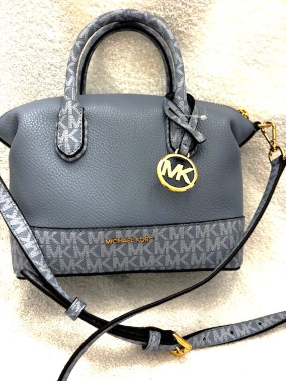 MICHAEL Michael Kors Hyde Chambray MK logo leather satchel with strap NWT